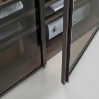 Detail of the smoked clear glass door with frame and built-in metal handle in matt brown lacquer