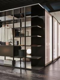 Detail of the Pacific walk-in closet with open corner shelving unit and shelves