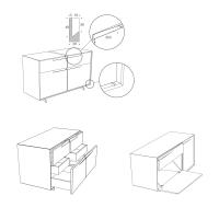 Technical diagrams - recessed grip, basket with internal drawer and drop down door (measurements in millimetres)