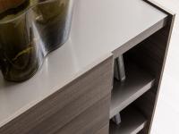 Close up of top, shelves and skirting in matte gunmetal lacquer