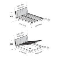 Scheme of the measurements of the bed with upholstered headboard with and without box (measurements are in mm)