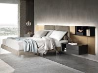 Layout made up of elements from California Textile colllection: upholstered bed, wall panels and storage units