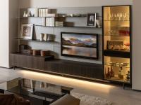 Wall system with showcase, container base. wall panels with hangers for shelves and flat-screen TV