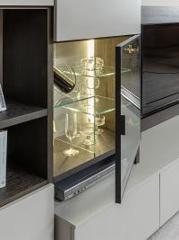 Display cabinet detail: glass door with handle, clear glass partition element, with LED spotlights recessed in the sides