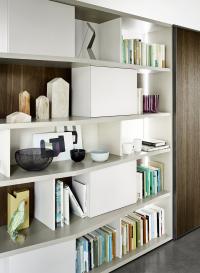 Detail of the bookshelf shelves with different depths and closed elements with push-pull opening system