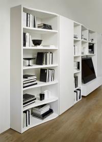 View of bookcase shelves with variable depth