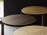 Kentucky round wooden side tables in knotty and heat-treated oak