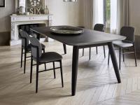 Cardinal shaped table with solid ash legs, rectangular or round top in wood or ceramic stone