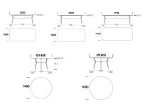 Drawings and measurements of available models of the Rey metal leg table