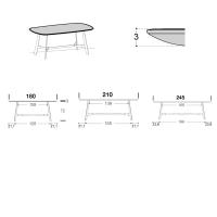 Modelli, dimensioni e particolari dei bordi del tavolo Alfred con piano sagomato