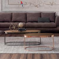 Cora coffee table in wooden top and copper or black chrome frame versions