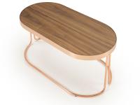 Cora curved metal coffee table in a polished copper version, with canaletto walnut top