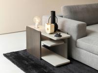 Holiday sofa end table in Dormouse oak wood with matte Dove Grey lacquered shelves