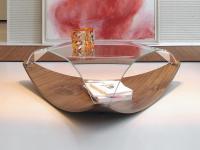 Quiet triangular coffee table with glass top and a wooden base in Canaletto walnut