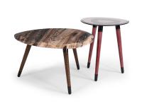 Shield coffee table with three leather legs and shaped top
