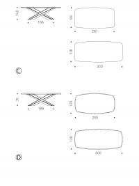 Tavolo con gambe in acciaio Lancer di Cattelan - schema dimensionale: C) Finitura in legno D) Finitura in legno con bordi obliqui e arrotondati