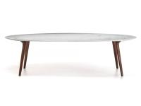 Leander elliptical dining table with top in White Carrara marble and legs in canaletto walnut