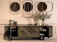 Aira elegant sideboard with porcelain stoneware and glass doors, central doors have Emperador porcelain stoneware finishes and side doors have transparent smoked glass finishes