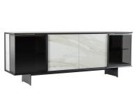 Aira elegant sideboard with porcelain stoneware and glass doors, details of the 45° angle outer profile of the structure is visible
