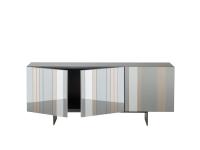 Diva sideboard with open mirrored doors. They feature a 2 cm thick central wooden shelf