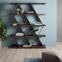 Castle bookshelf, big model with stone bronze structure and canaletto walnut shelves