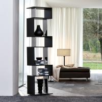 Osuna swivel bookcase with mirror elements placed in the black matt lacquered wood structure.