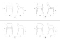 Agata chair and armchair - Models and measurements of the metal legs (A) and wooden legs (B)