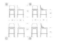 Layout Measurements of the upholstered stool with curved backrest: A) and B) Kitchen Top version in the two backrest variations C) and D) Snack Bar Top version in the two backrest variations