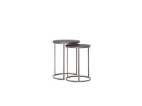 A pair of Hammer end tables: this unique design allows you to overlap the two tables sightly to save space