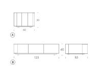 Layout Measurements of the Dedalo designer glass coffee table: A) square version / B) rectangular version