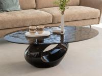 Dubai elliptical coffee table with sculptural aluminium lacquered base and hammered effect fused smoked glass top