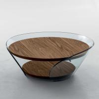 Design coffee table Raffaello with storage unit in curved glass and with wooden surfaces