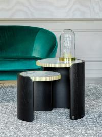 Roller stackabe porcelain and wood coffee tables with Statuario Altissimo porcelain top, solid black ashwood frame and matte gold lacquered metal profile top