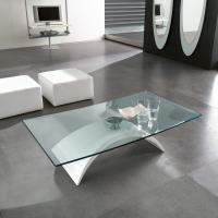 Tudor coffee table with arched base in white glossy lacquered marble resin and clear curved glass rectangular top 