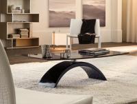 Tudor coffee table with arched base in black glossy lacquered marble resin and a black painted curved glass rectangular top