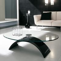 Tudor coffee table with arched base in black glossy lacquered marble resin and clear glass elliptical top