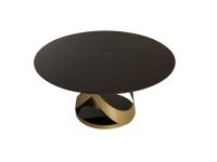 Capri table in the elliptical model with top in heat-treated dark oak, structure in gold lacquered metal and base in black Marquinia marble.