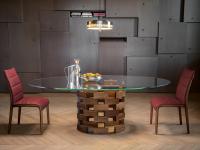 Glass table top with solid-wood base in Canaletto walnut