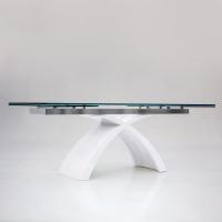 Tokyo table with arched base with clear glass top, polished aluminium rail and glossy white lacquered marble resin base