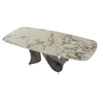 Wave shaped rectangular table with Symphony porcelain stoneware top and brushed titanium Baydur base