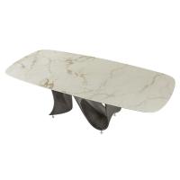 Wave shaped rectangular table with Macchiavecchia matt porcelain stoneware top and brushed titanium Baydur base