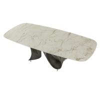 Wave shaped rectangular table with Macchiavecchia polished porcelain stoneware top and brushed titanium titanium Baydur base