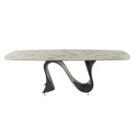Wave shaped rectangular table with Symphony porcelain stoneware top and brushed titanium Baydur base