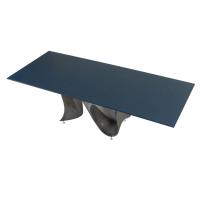 Wave rectangular table with blue hammered glass top and brushed titanium Baydur base