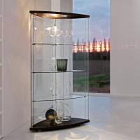 Gracia display cabinet with doors and back in curved clear glass and black matt lacquered structure.