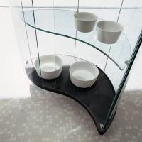 Oregina shaped display cabinet with transparent doors and structure. Top and bottom available in several finishes