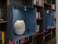 Square, blue lacquered open compartments with LED lights