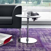 Alias is a contract end table in a round shape with chrome metal base. Here with laminate HPL top