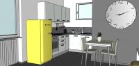 Progettazione 3D Open Space - vista cucina e frico free standing
