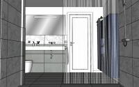 Bathroom design project with big shelf and wall-mounted columns - view of the shower inside